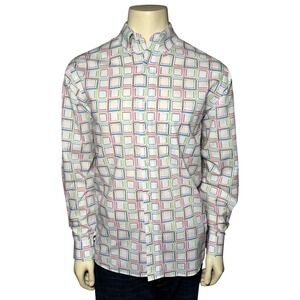 Paul Fredrick Multi-Color Geometric Grid Button Down L Cotton Classic‎ Excellent